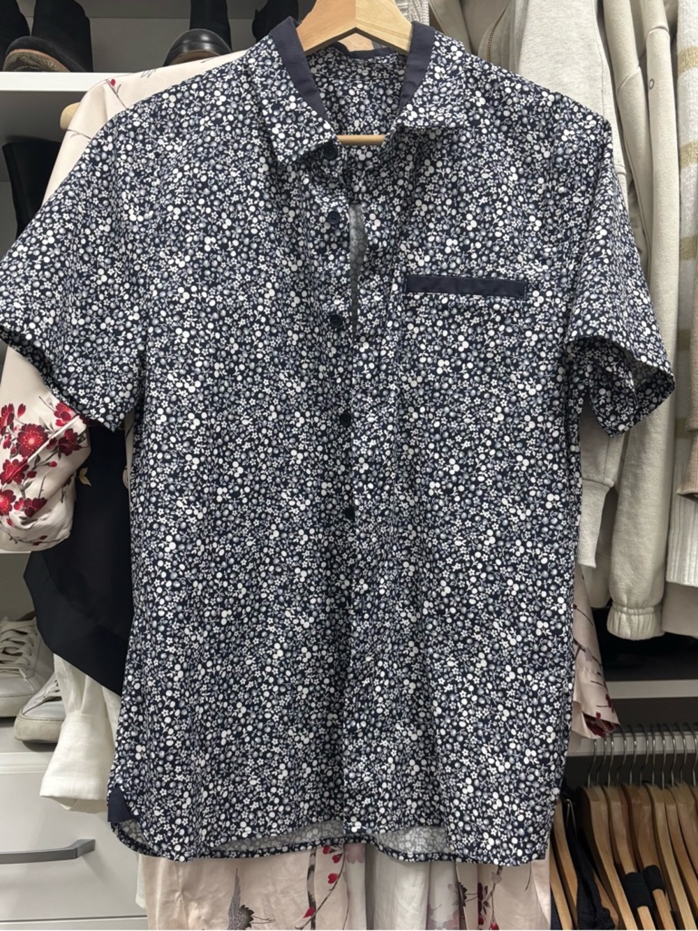 Lululemon Men's Navy Blue Floral Short-Sleeve Shirt